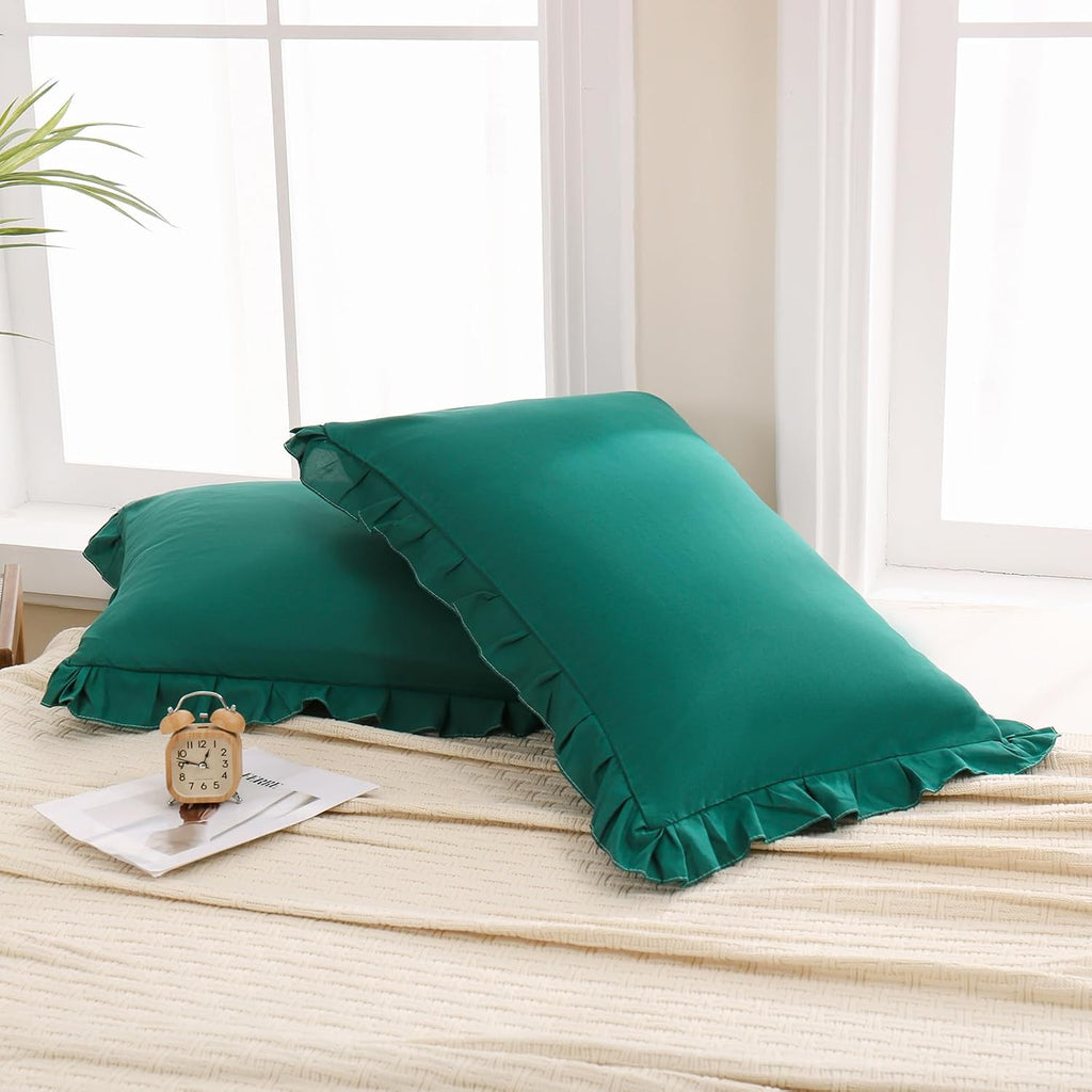 Merryword Dark Green Pillow Shams Green King Pillowcases Cute Pillow Cover Set of 2 Soft Shabby Chic Ruffled Pillowcases 2 Pack (King (20''…