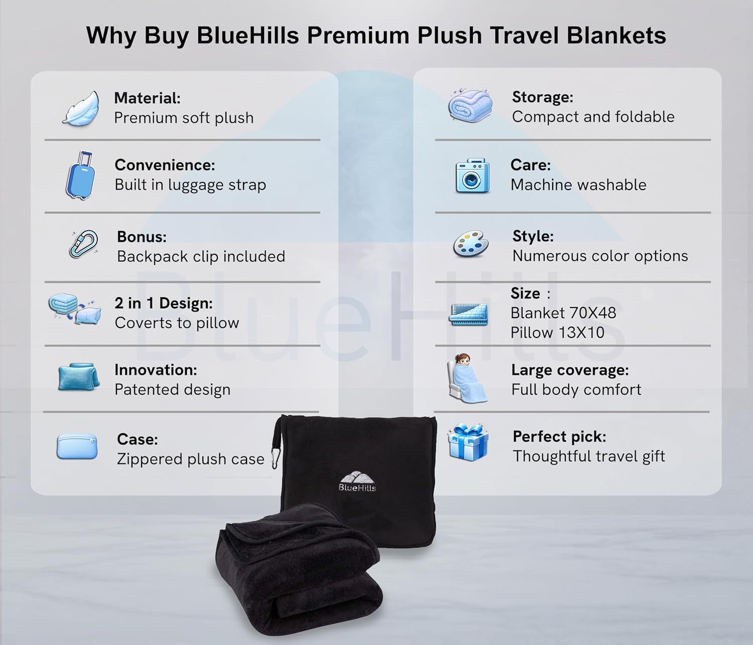 BlueHills Premium Soft Tall Travel Blanket Pillow Airplane Flight Blanket Long Throw in Bag Pillowcase with Backpack Clip Compact Large…