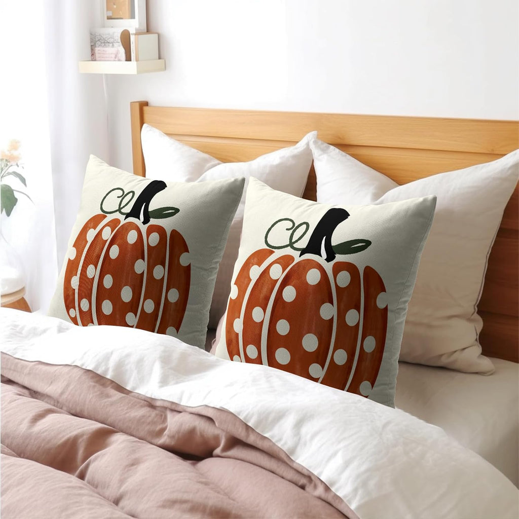 Fall Pumpkin Throw Pillow Cover 18x18 Inch Set of 2 Autumn Orange Pumpkin Outdoor Pillow Cases Polka Dot Beige Thanksgiving Farmhouse…