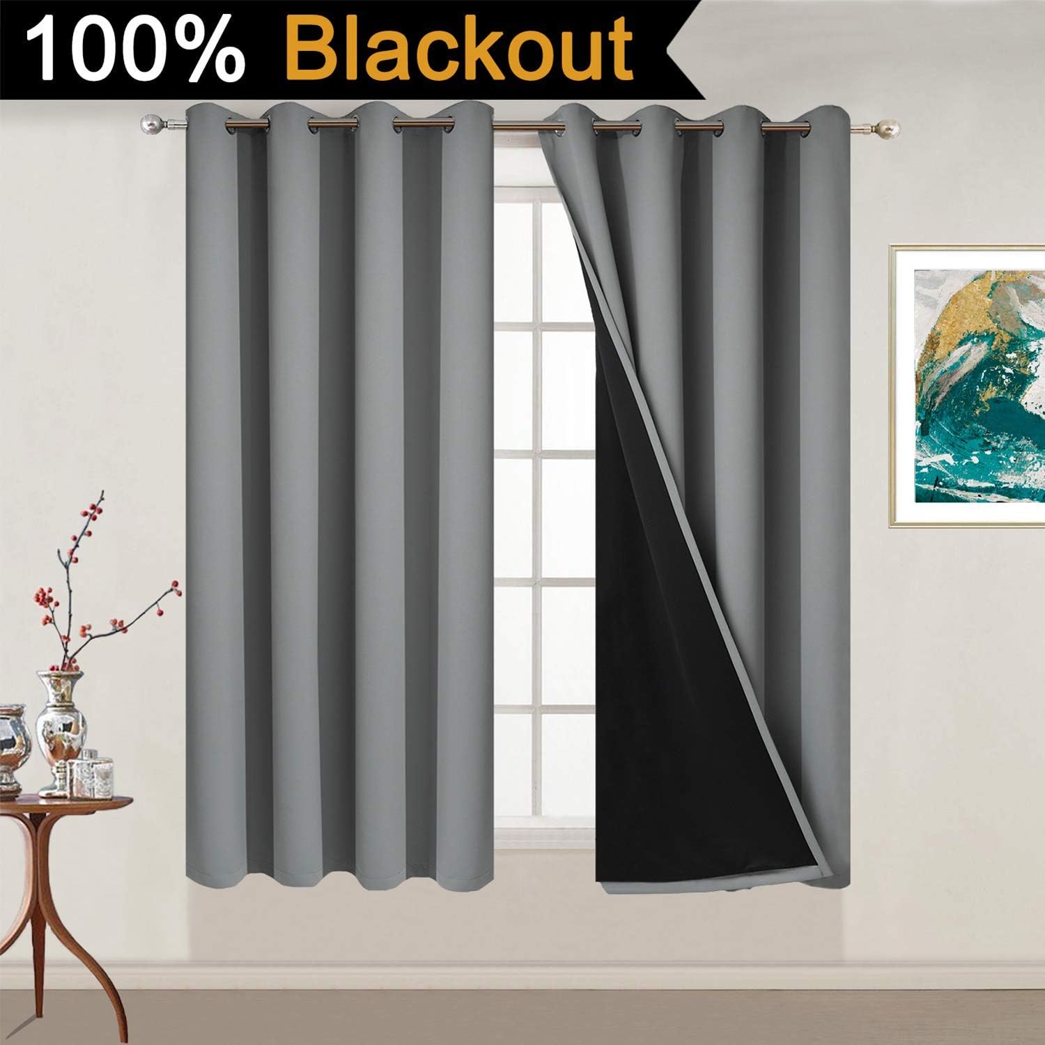 Yakamok Thermal Insulated 100% Blackout Curtains for Bedroom, Heat and Full Light Blocking Drapes with Black Liner for Living Room, 54 inch…