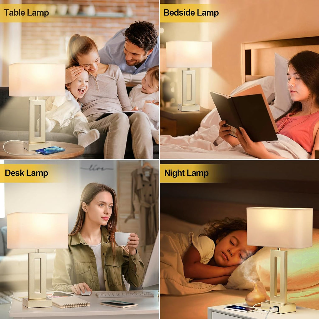 Seealle Bedroom Table Lamps Set of 2 - Touch Bedside Lamps with USB C+A, 3 Way Dimmable Gold Lamp for Nightstand, Modern Night Stands…