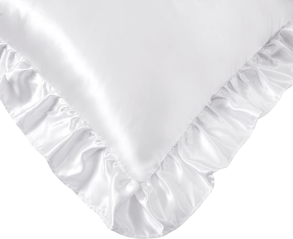 HommxJF White Satin Ruffled Pillow Cases for Hair and Skin, White Silk Pillowcases Standard Set of 2 with Envelope Closure Princess Room Dec…