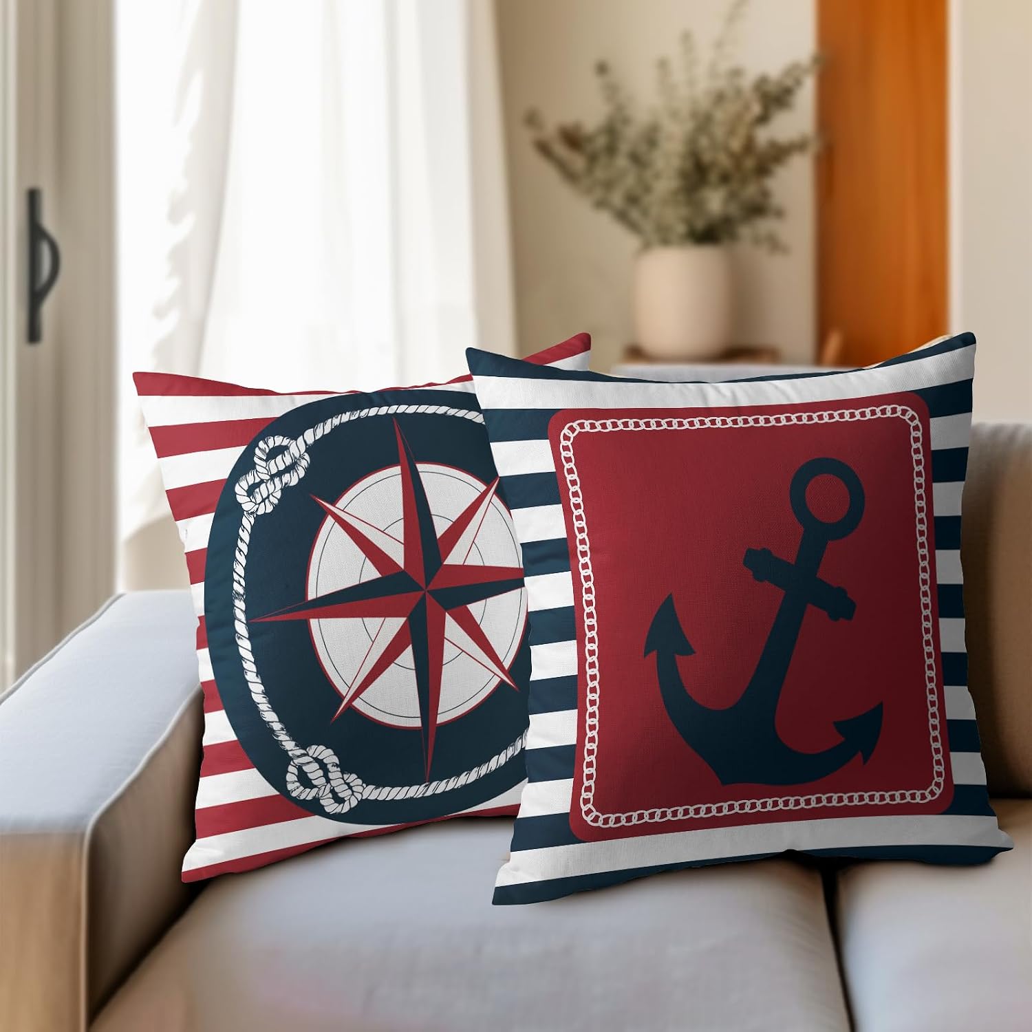 Anchor Compass Throw Pillow Cases Outdoor Nautical Pillow Covers Blue and White Stripes Decorative Cushion Cover 24x24 Inch Red and White…