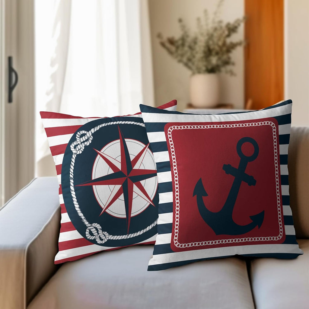 Anchor Compass Throw Pillow Cases Outdoor Nautical Pillow Covers Blue and White Stripes Decorative Cushion Cover 22x22 Inch Red and White…