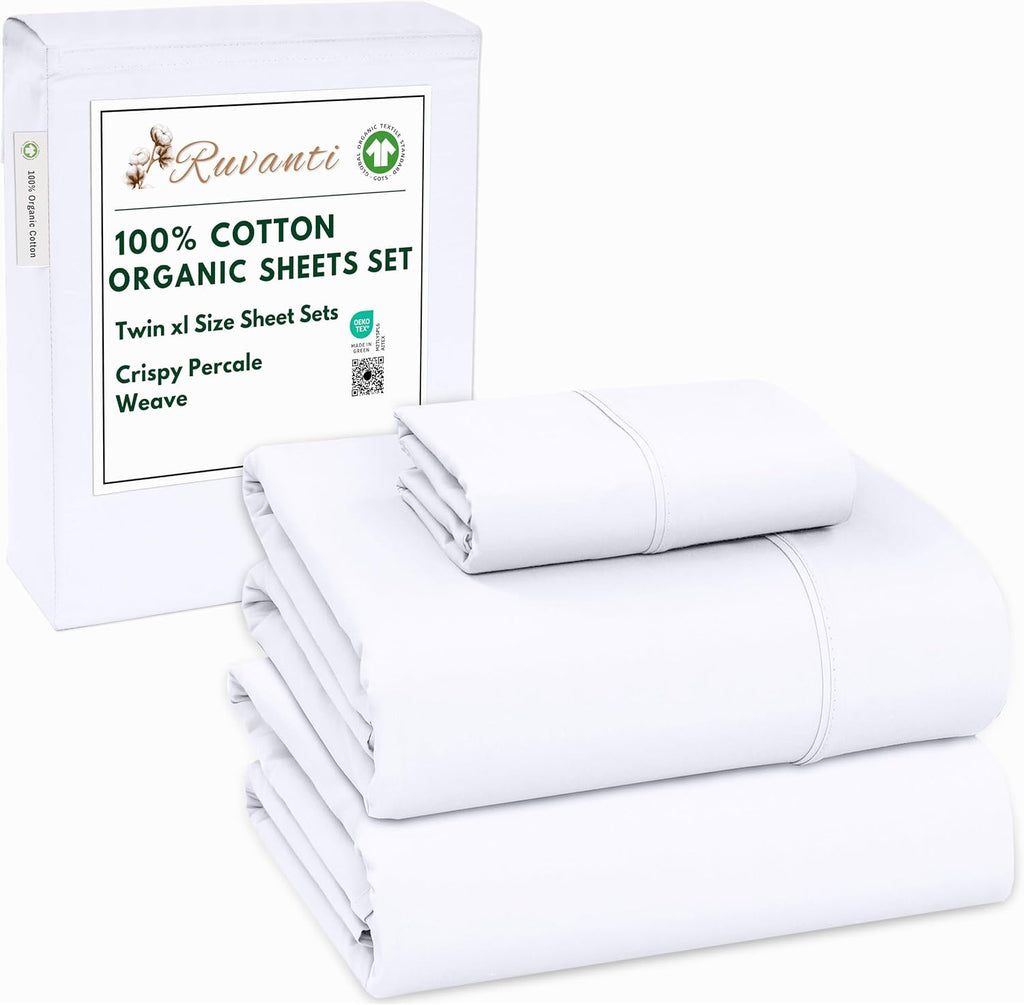 Ruvanti 100% Cotton Organic Percale Sheets Twin XL Size – Crisp Cooling Bed Sheets for Hot Sleepers, Deep Pocket 15”, Soft Peach Finish, Br…
