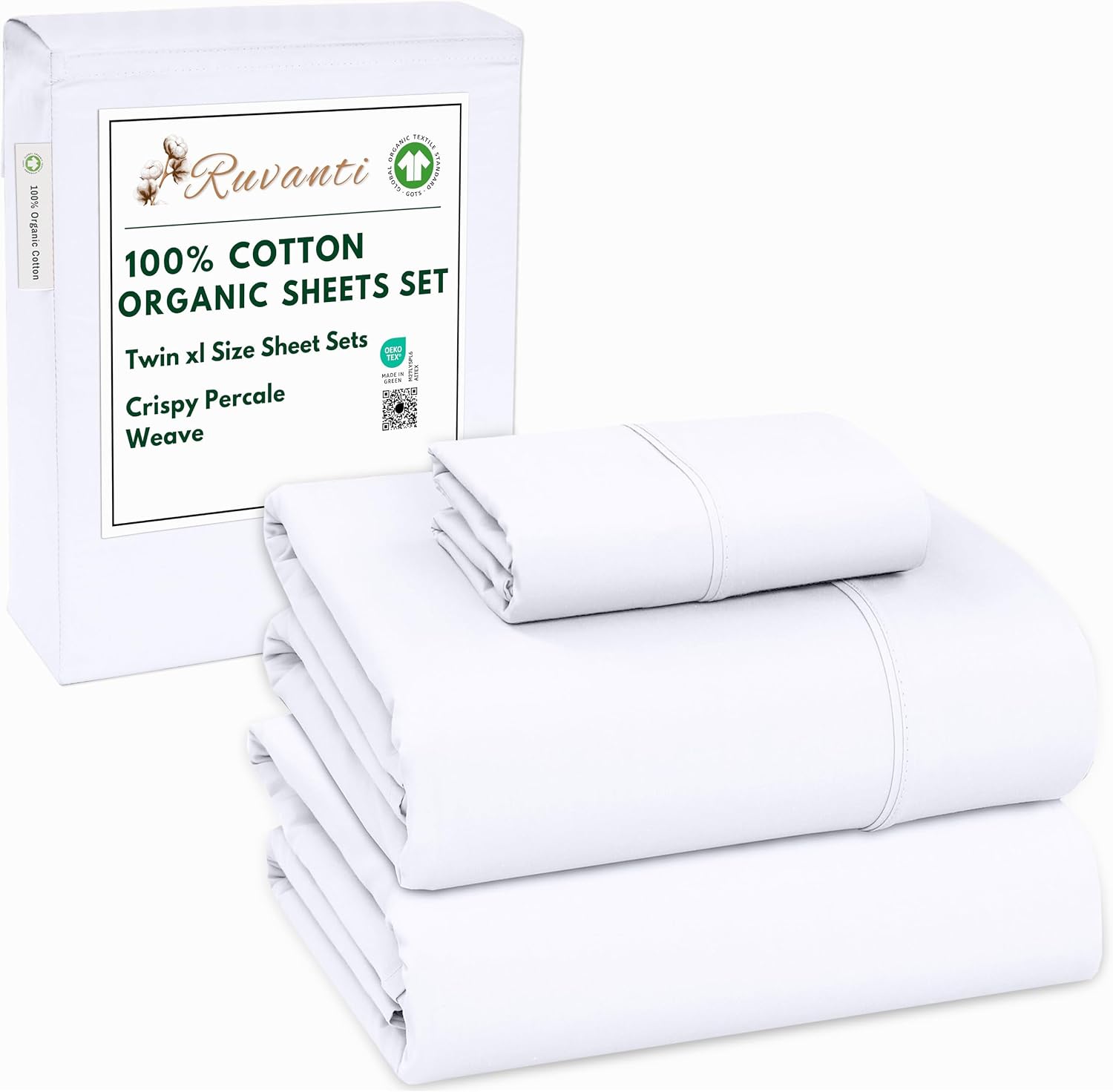 Ruvanti 100% Cotton Organic Percale Sheets Twin XL Size – Crisp Cooling Bed Sheets for Hot Sleepers, Deep Pocket 15”, Soft Peach Finish, Br…