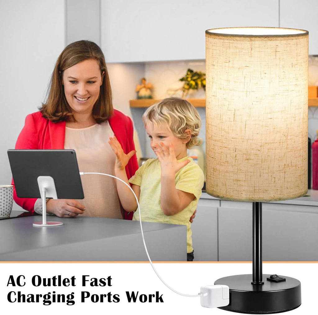 ZJOJO Table Lamp for Bedroom Set of 2, Bedside Small Lamps with 3 Way Dimmable Rocker Switch and AC Outlet, Nightstand Desk Lamp with…