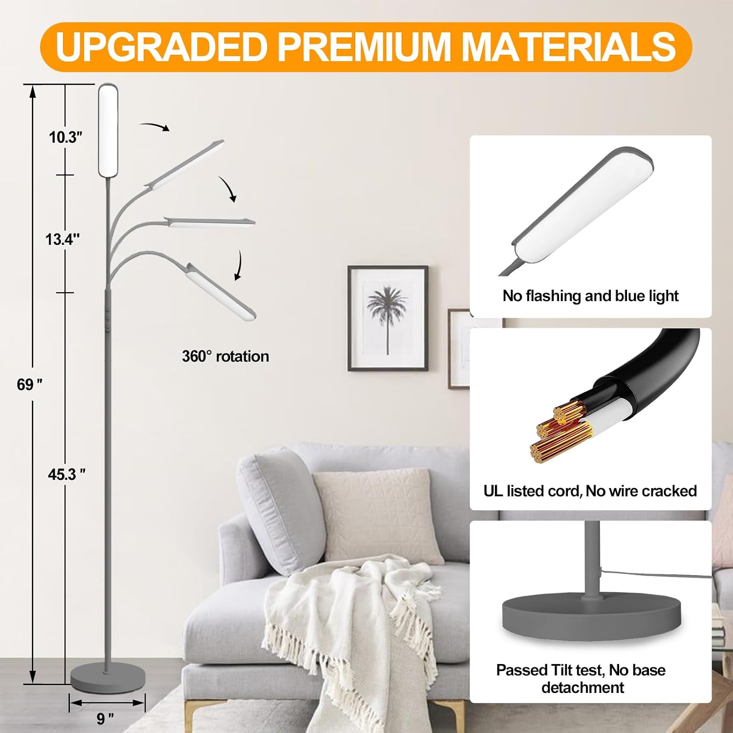 Marctronic Grey LED Floor Lamp, 18W 1800LM Bright Floor Lamps with Remote & Works with Smart Plug, Dimmable Timing Eye Caring Reading Light…
