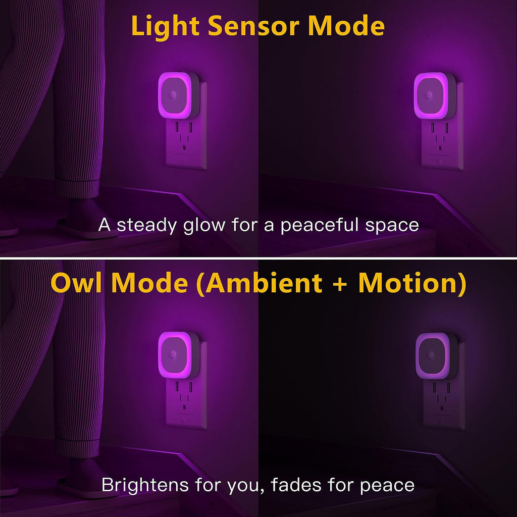 Yunlex 2 Pack Plug in Night Light with Motion Sensor & Dusk to Dawn Sensor, 3 Sensor Modes, Purple Lights Plug into Wall, Dimmable Calming…
