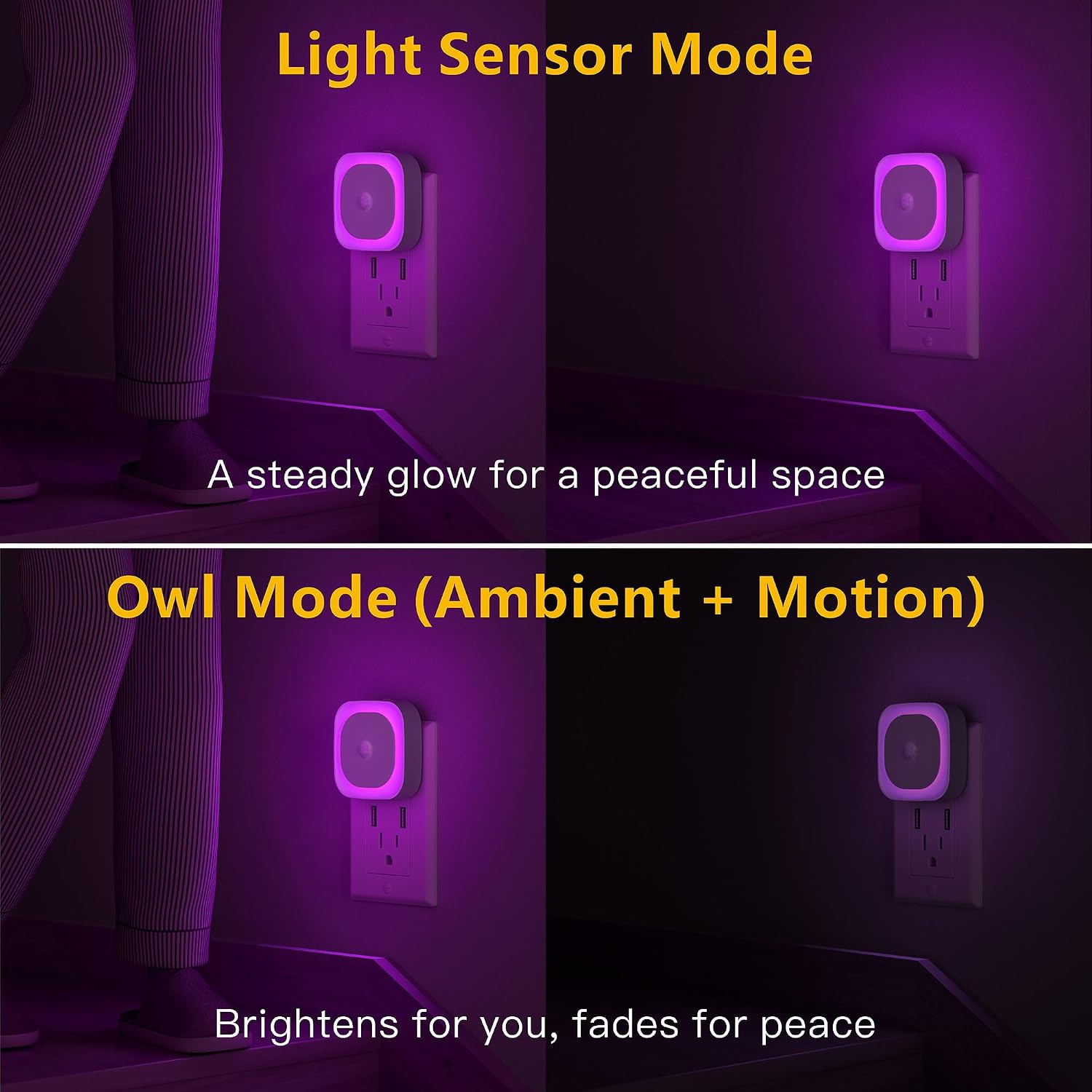 Yunlex 2 Pack Plug in Night Light with Motion Sensor & Dusk to Dawn Sensor, 3 Sensor Modes, Purple Lights Plug into Wall, Dimmable Calming…