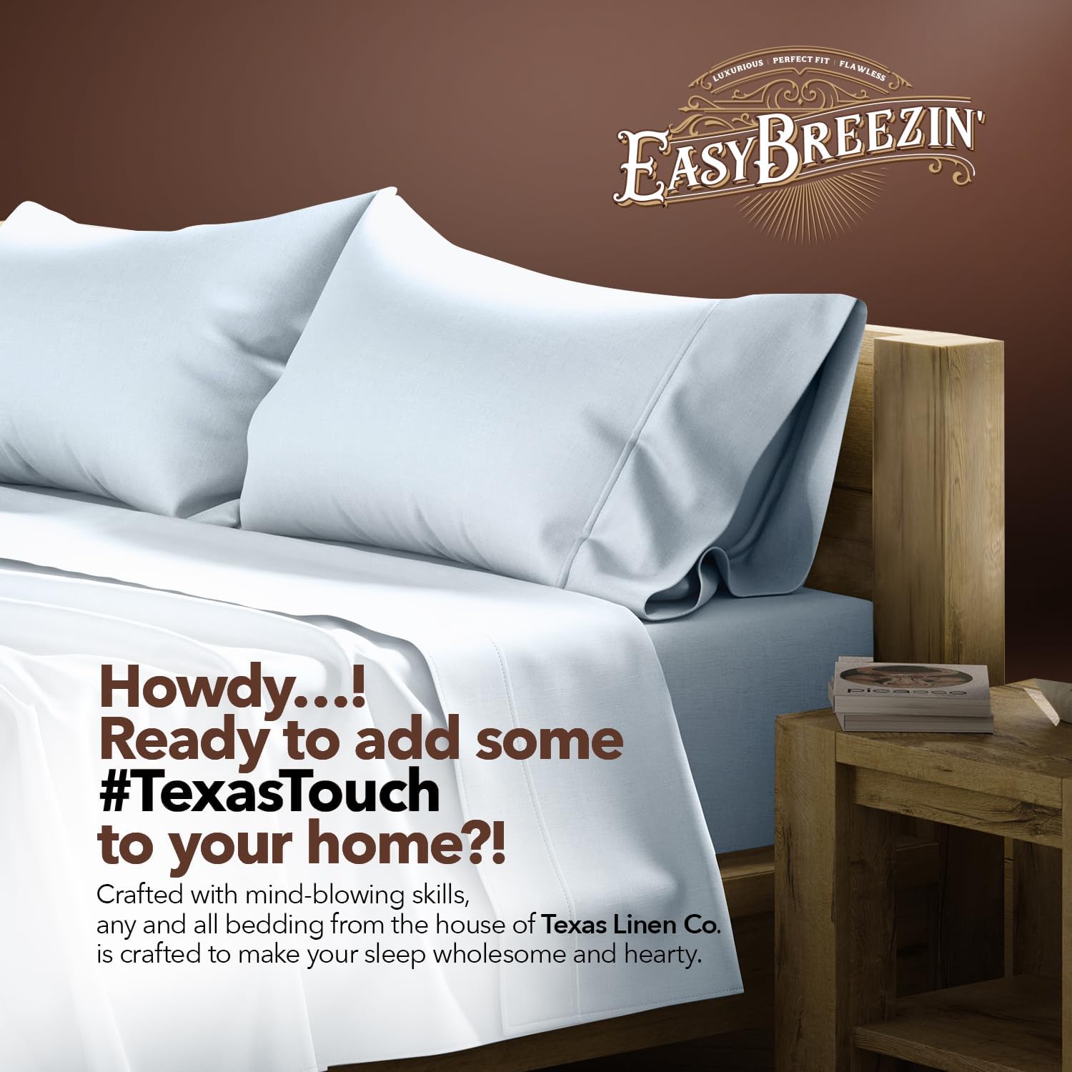 TEXAS LINEN CO. Egyptian Cotton Sheets Queen Size – 300 Series Cotton Queen Sheet Set (4 PC, Light Blue), Soft & Durable, Cooling, 16"…