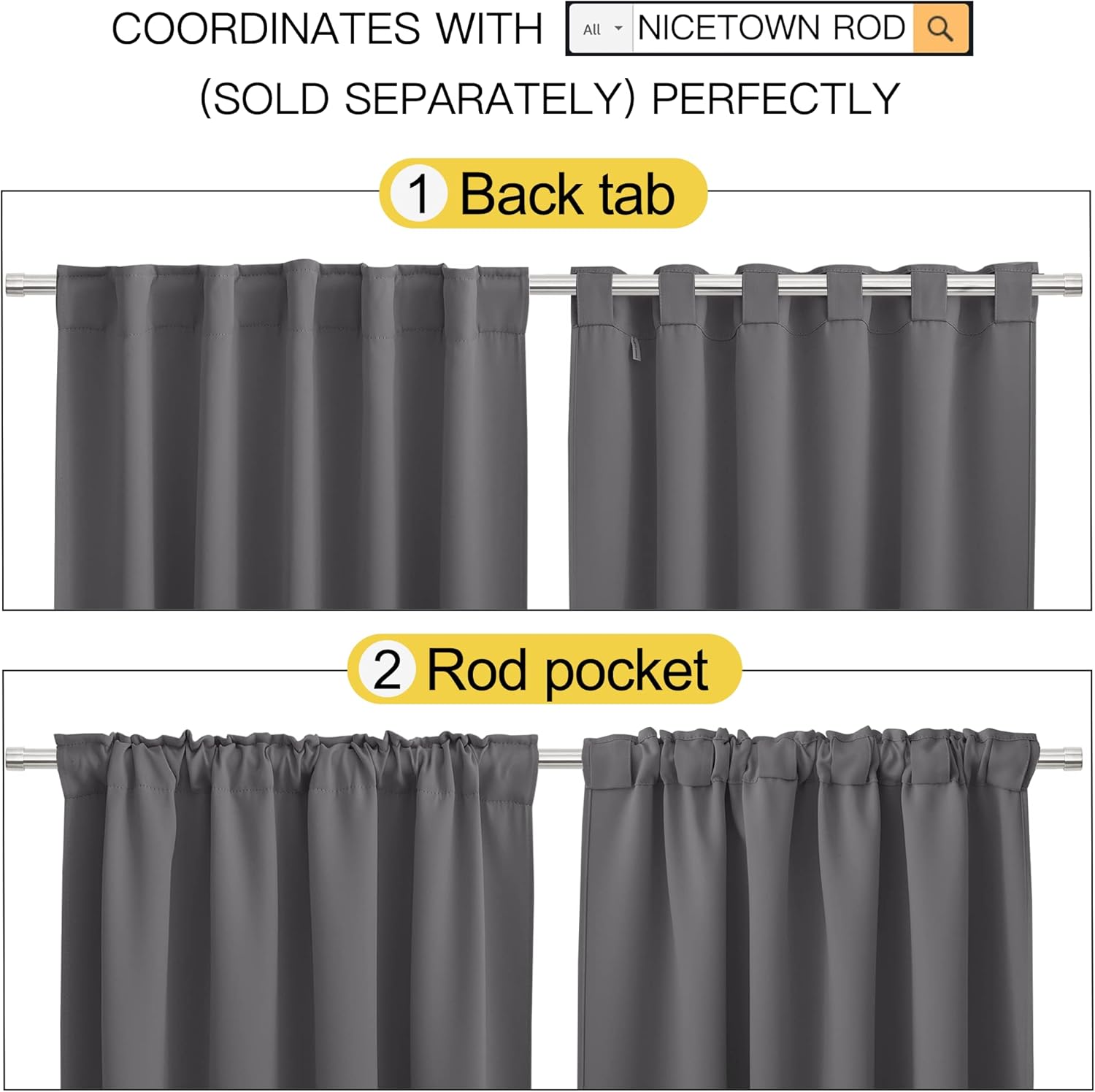 NICETOWN Blackout Curtain Panels for Living Room - (Grey Color) 34x63 Inch, 2 Panels Set, Thermal Insulated Room Darkening Blackout…