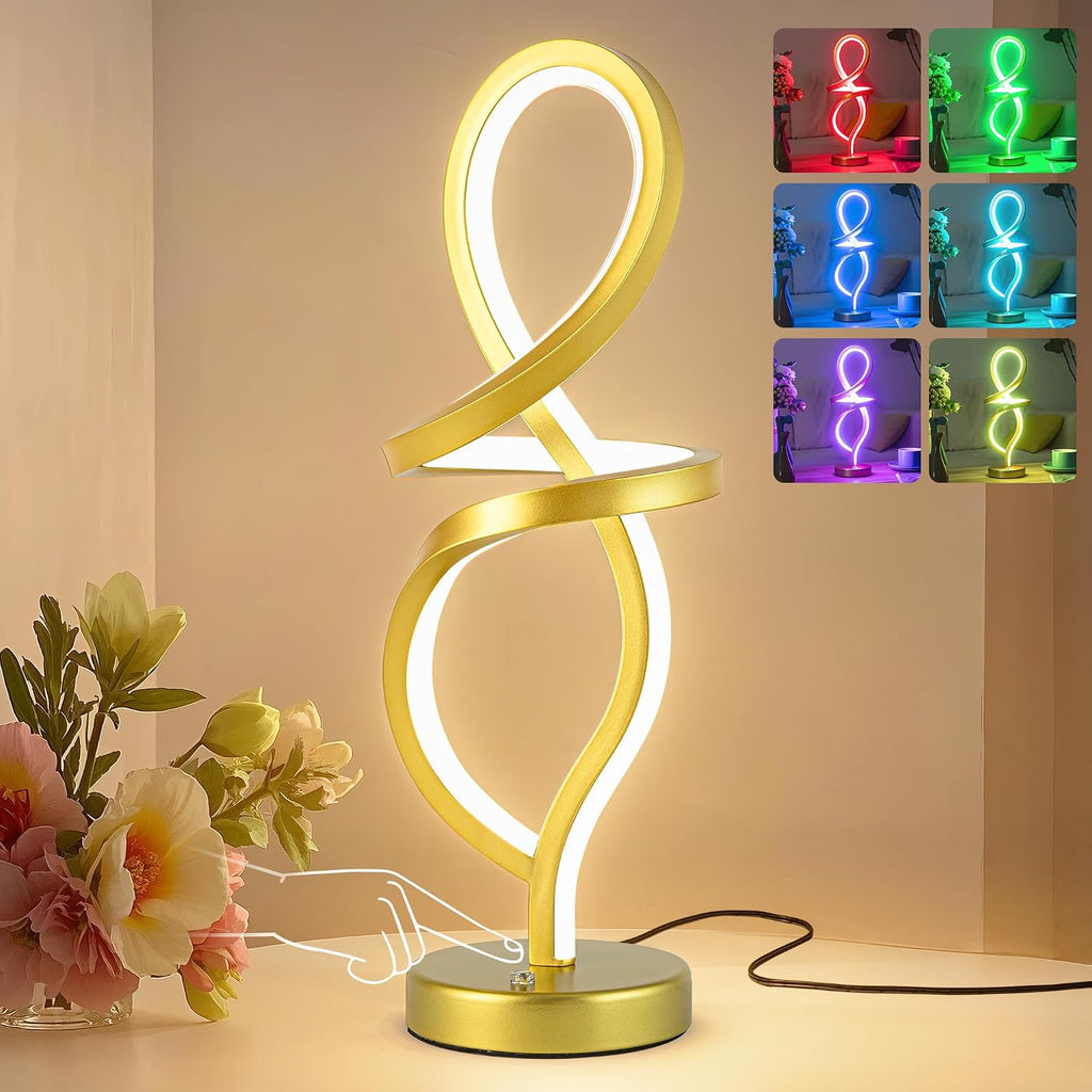 Mayful Modern RGB Table Lamp with 15W LED Unique Spiral Design, Gold Small Nightstand Lamp & Bedside Lamps, Touch Dimmable with 7 Colors…