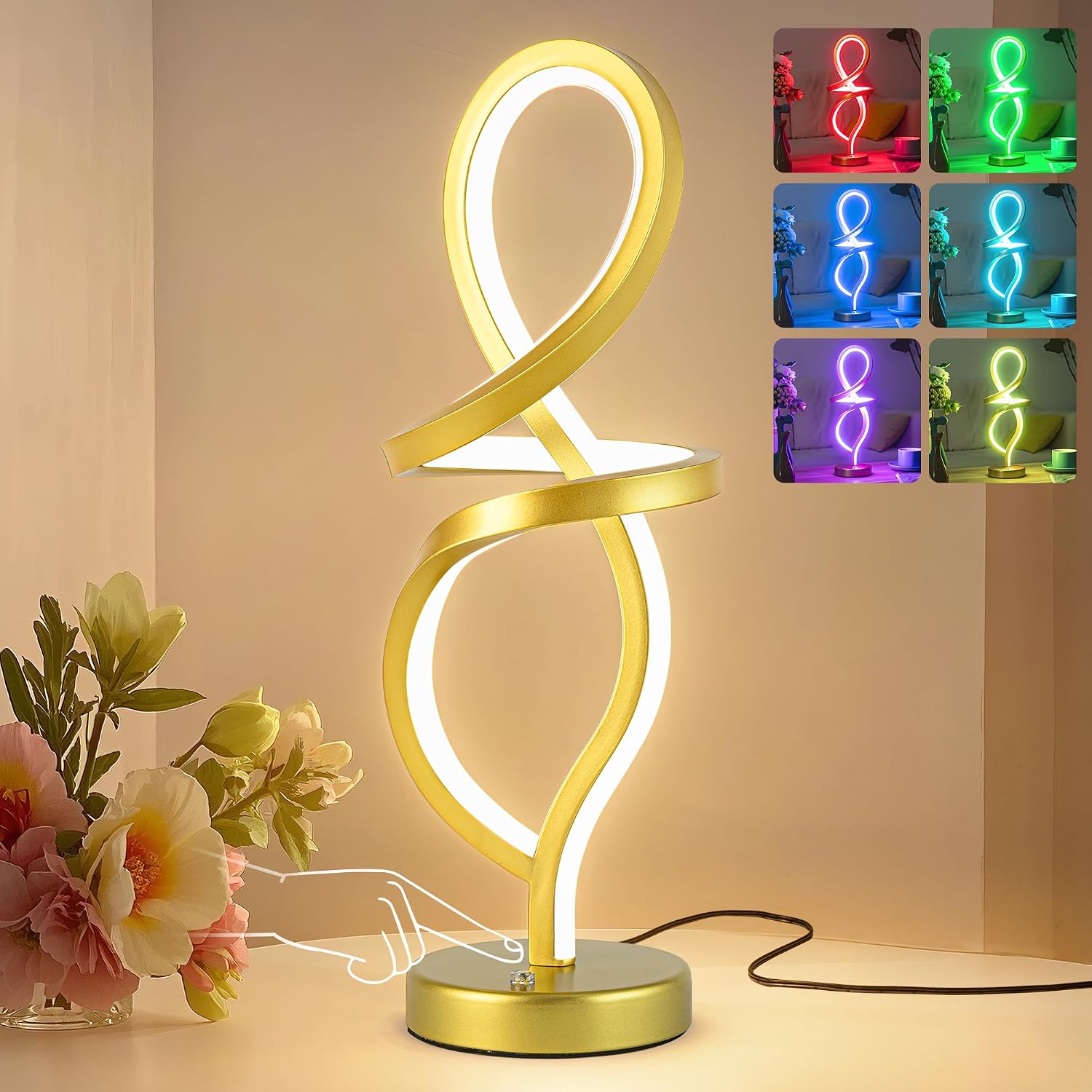 Mayful Modern RGB Table Lamp with 15W LED Unique Spiral Design, Gold Small Nightstand Lamp & Bedside Lamps, Touch Dimmable with 7 Colors…