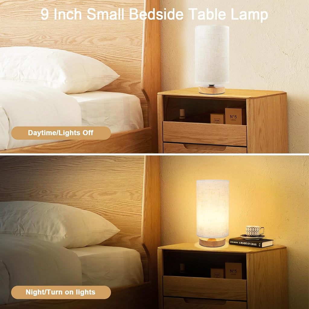 Small Bedside Table Lamp for Bedroom set of 2, Minimalist Wood Base & Round Fabric Shade, Mini Cute Cozy Warm Nightstand Boho Lamp set…