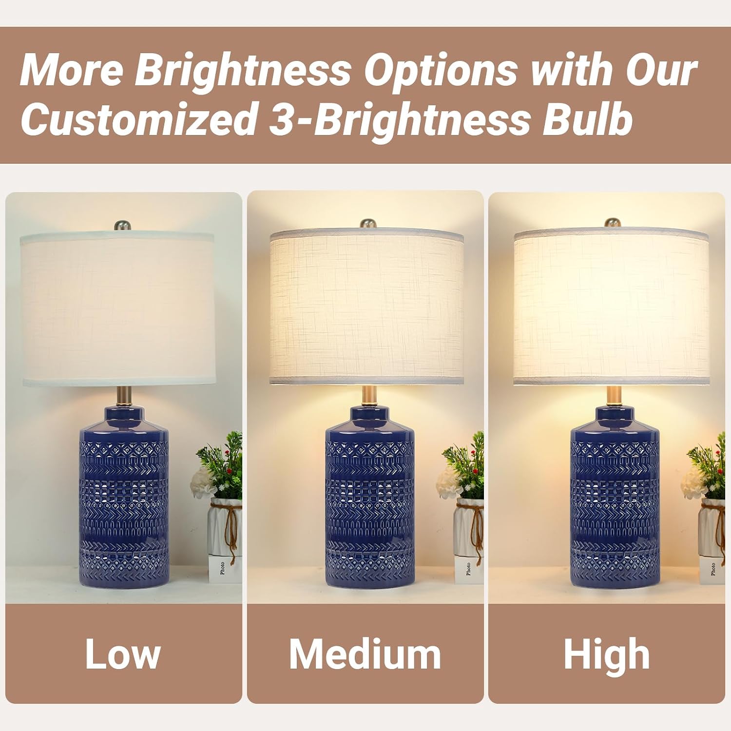 JUNNAI 24.5" Navy Blue Table Lamp Modern Bedside Ceramic Lamps for Living Room 3-Way Dimmable Entryway Nightstand Farmhouse Lamp for Home…