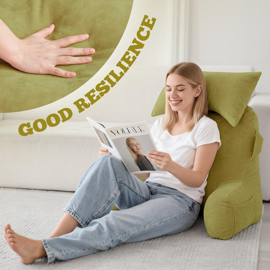 Unisakey Portable Reading Pillows with Headrest for Bed Sitting Up(Pale Green Oeko-Tex), Velvet Back Pillow with Arms & Pockets for…