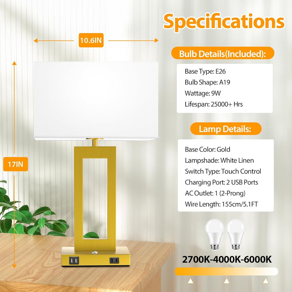 Kondras 3 Color Temperatures Touch Control Table Lamps Set of 2, Stepless Dimmable Bedside Lamps with 2 USB Ports&AC Outlet, Modern…
