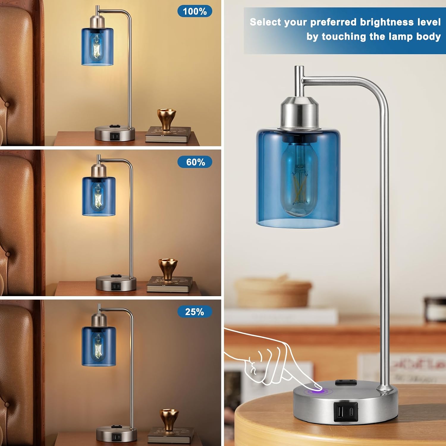 Innqoo Industrial Blue Table Lamps for Bedrooms Set of 2-3-Way Dimmable Desk Lamp with USB C+A Ports and Outlet, Nickel Lamps with Green…