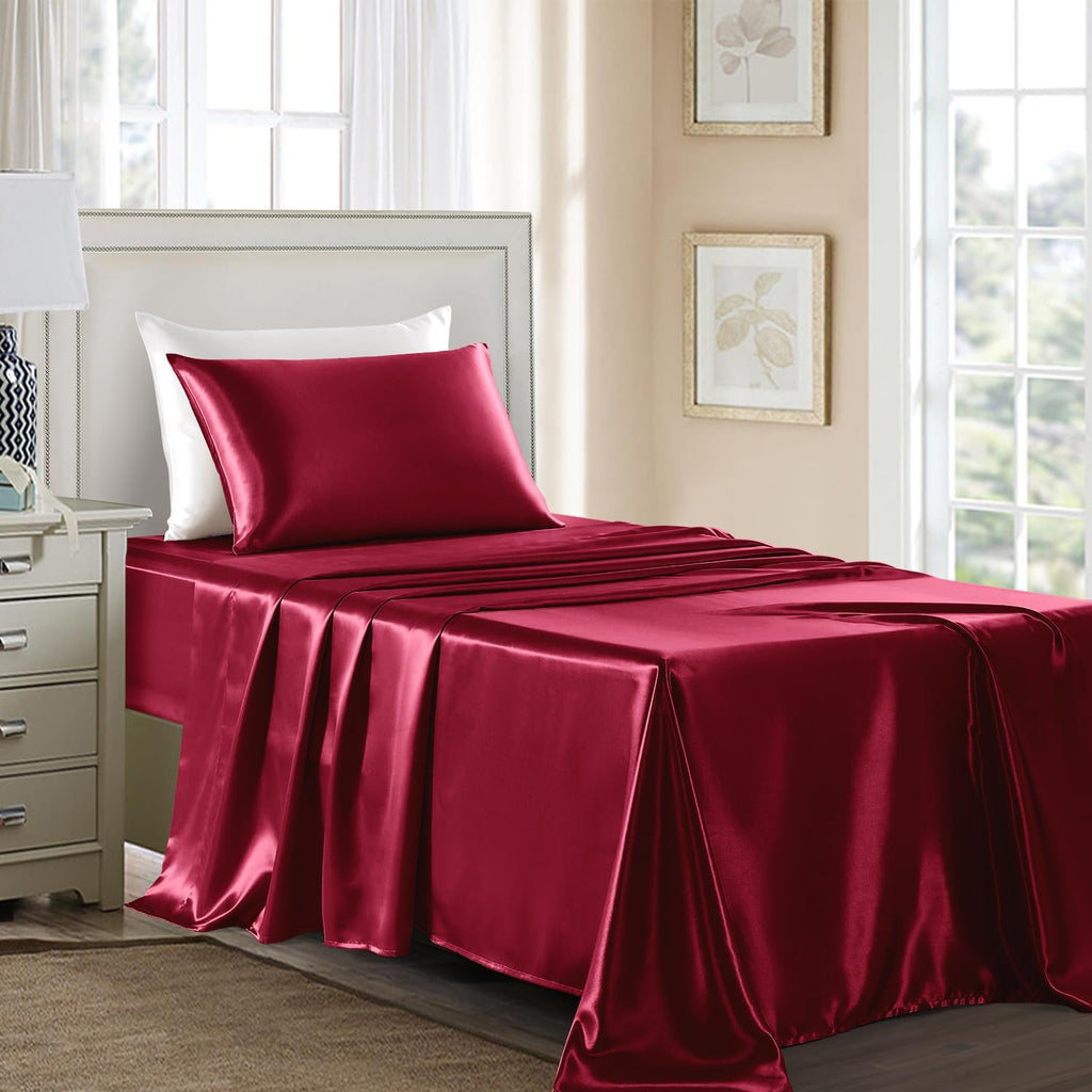 Golal Satin Sheets Twin Size - 3 Pieces Luxury Silky Soft Bed Sheets for Kids, Wrinkle-Free Burgundy Satin Silk Sheet Set with 1 Deep Pocke…