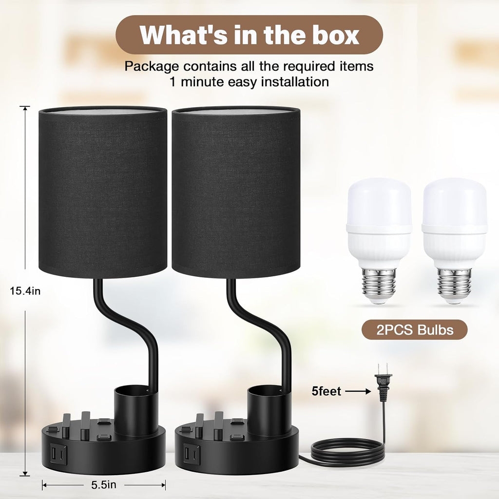 Black Bedside Table Lamps for Bedroom Set of 2 - Nightstand Light with AC Outlet and USB A & C for Charging, 3 Color Temperatures Desk…