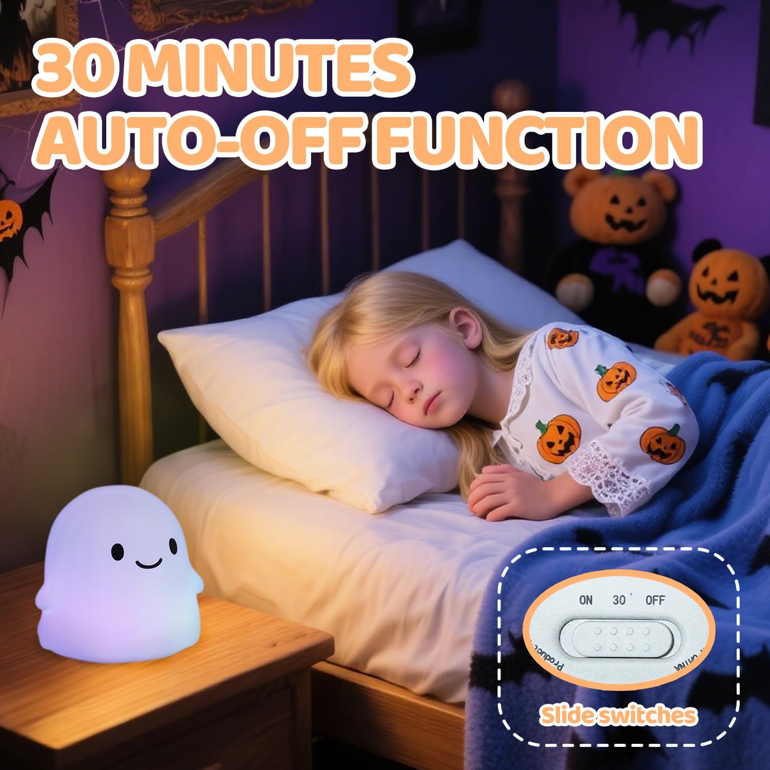 Rytinazzz Halloween Ghost Night Light, Color-Changing & 50-Hour Battery, Spooky-Cute Squishy Lamp for Kids, USB Rechargeable with Timer, Ha…