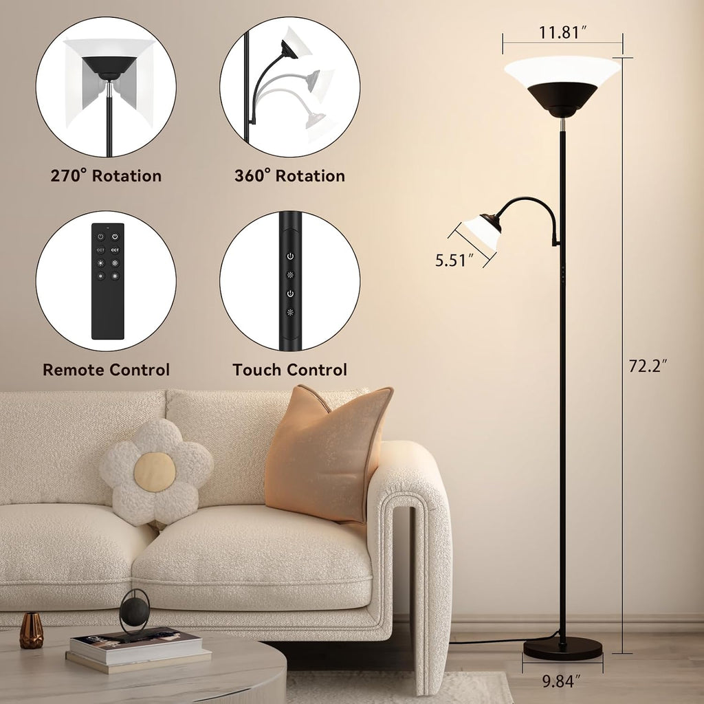 Sibrille 2-in-1 Torchiere Floor Lamp, 34W Super Bright LED Standing Lamp with Remote & Touch Control, 72" Dimmable Adjustable Corner Readin…