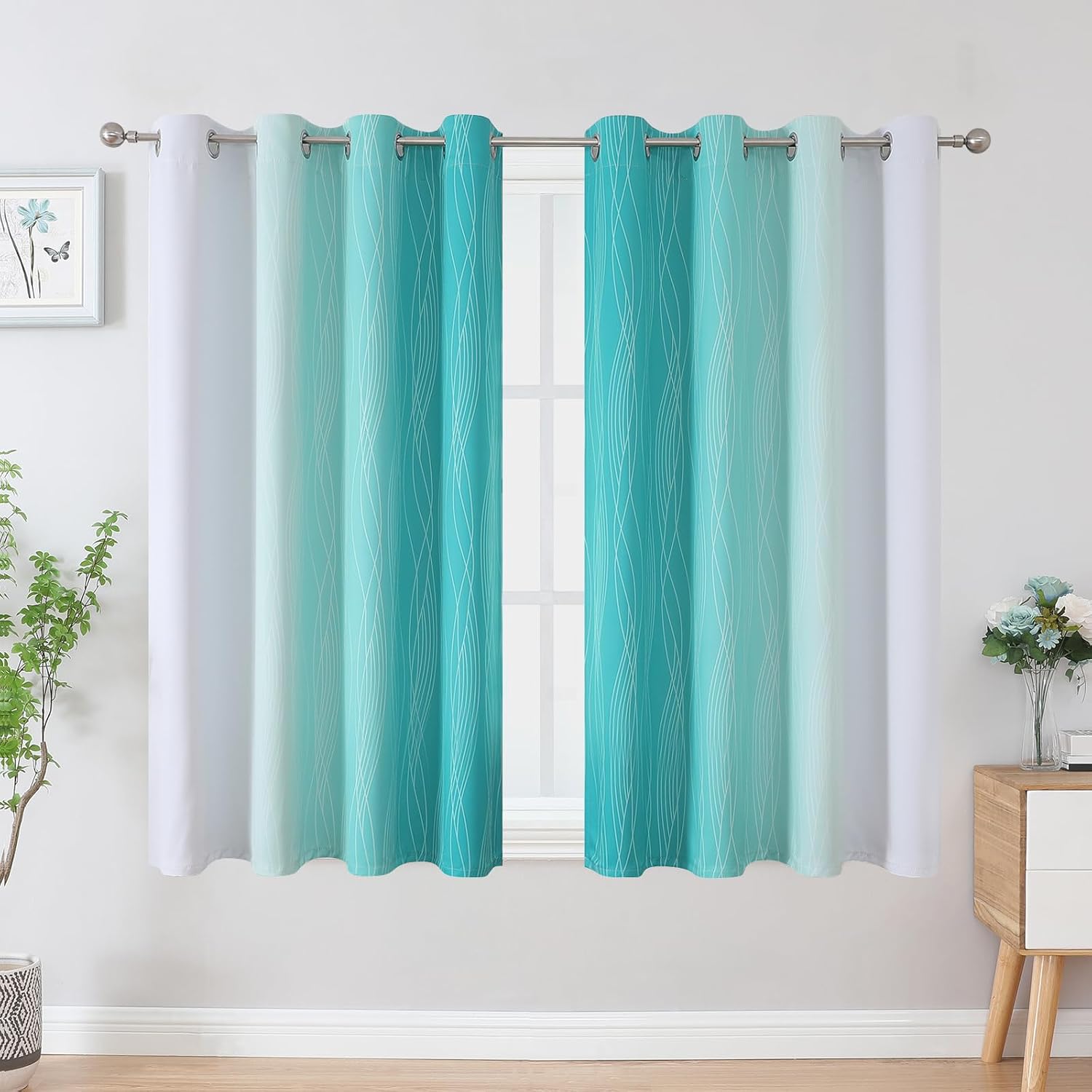 Estelartextiler Estelar Textiler Teal and Greyish White Blackout Curtains 54 Inch Length, Light Blocking Gradient Grommet Drapes for Living…