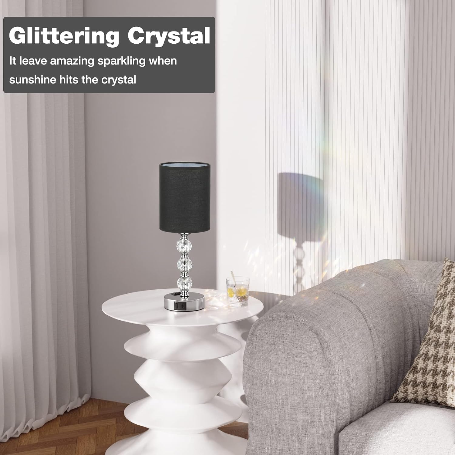 Black Touch Bedside Lamps for Bedrooms - Crystal Table Lamp with USB C+A Charging Port and AC Outlet Nightstand, 3 Way Dimmable Silver…
