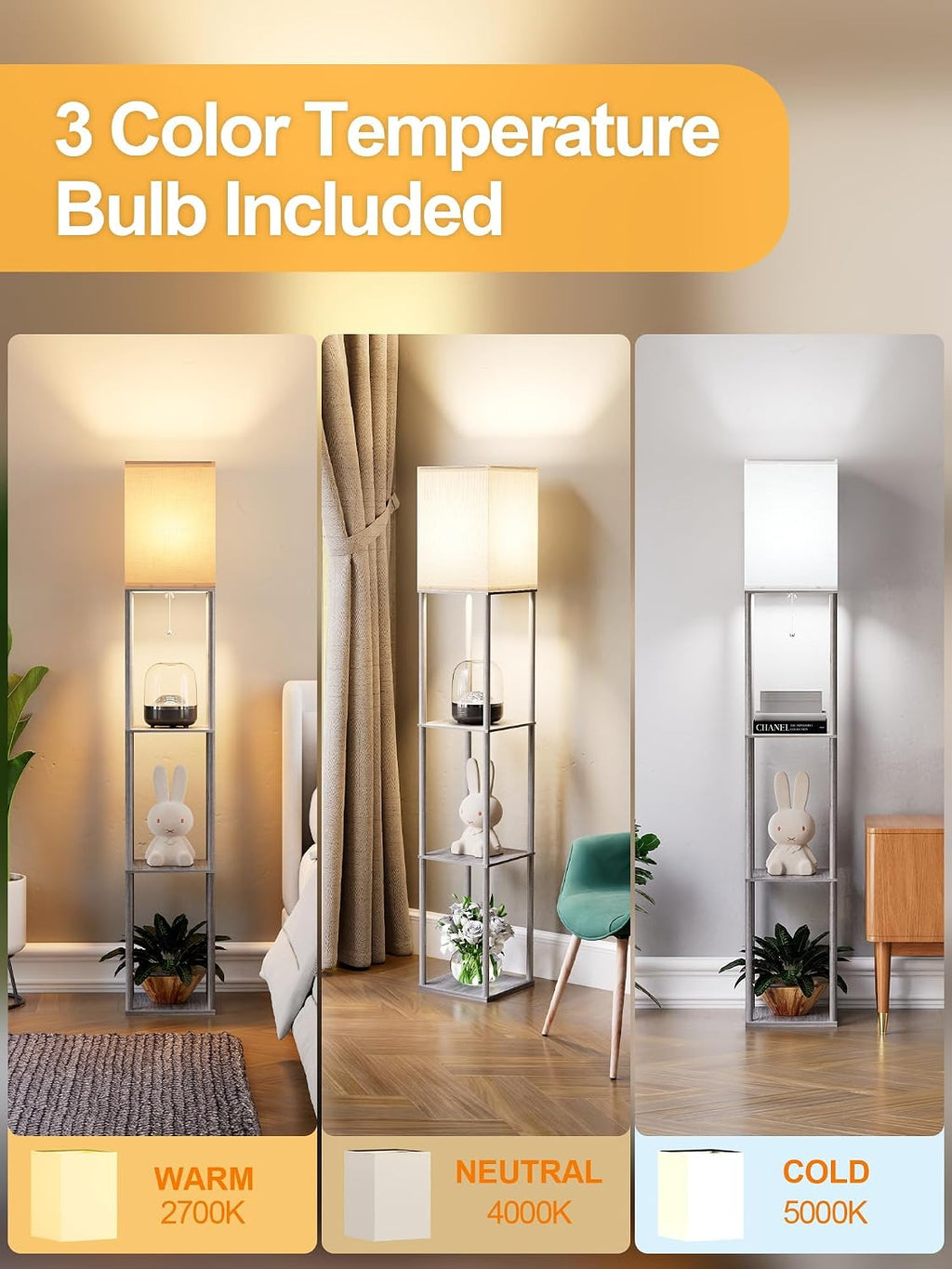 Floor Lamp with Shelves for Living Room, Shelf Floor Lamp with 3 CCT LED Bulb, Corner Display Standing Column Lamp Etagere Organizer…