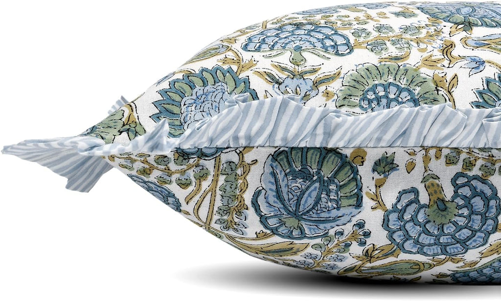 Ridhi Block Print Asparagus Green 36"x14" Set 1-100% Cotton Ruffle Lumbar Sham Cover Boho Floral Pillowcase, Farmhouse Cottagecore…