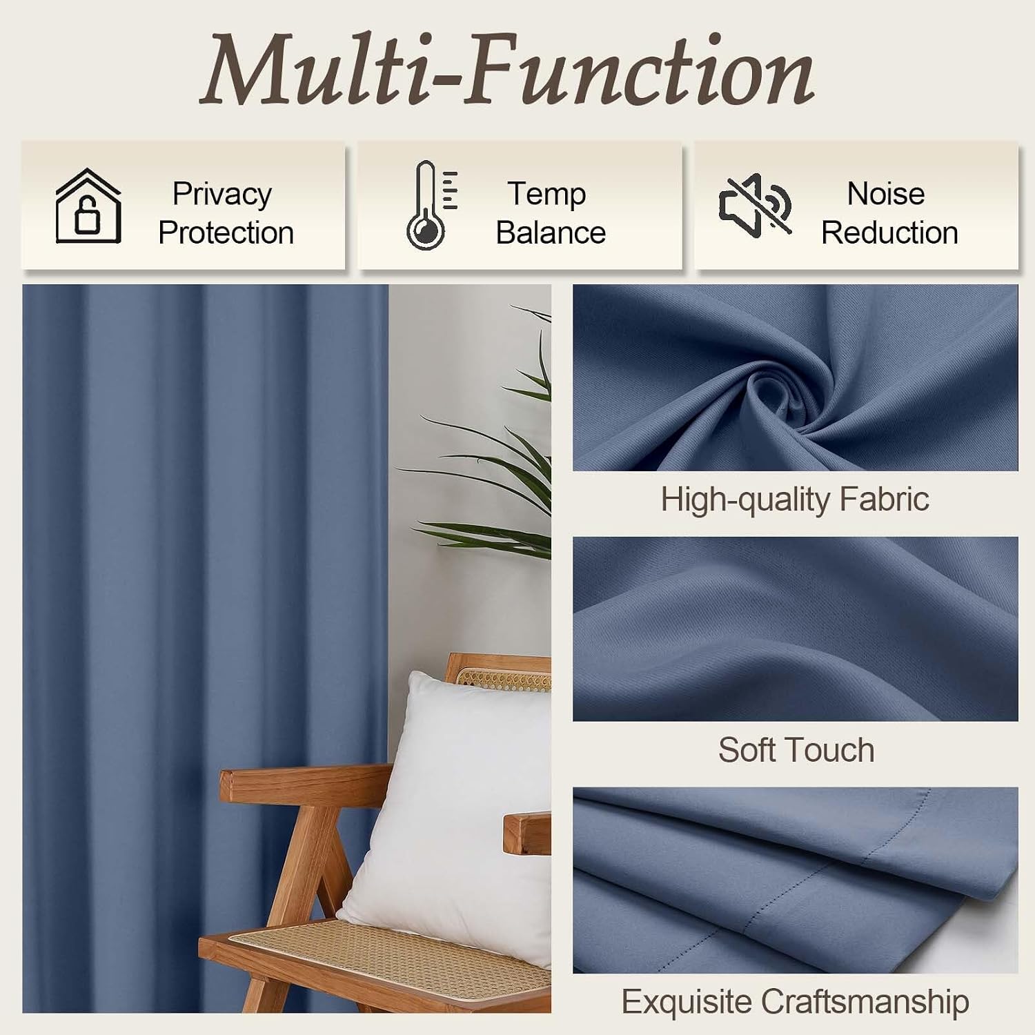 Gwine Denim Blue Blackout Curtains for Bedroom 90 inches Long 2 Panels Set, Solid Noise Reducing Thermal Insulated Blackout Curtains for…