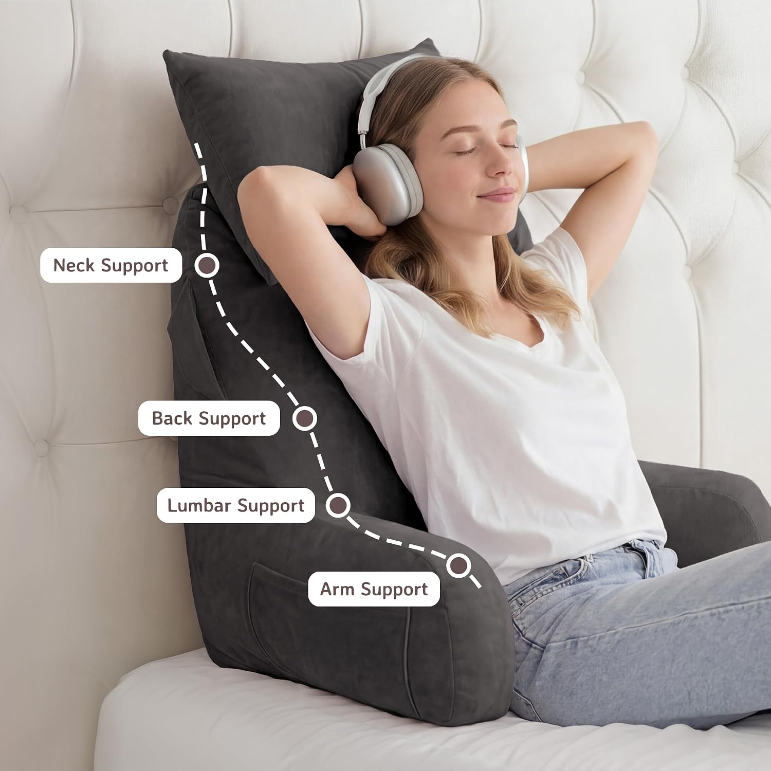 Unisakey Portable Reading Pillows with Headrest for Bed Sitting Up(Light Grey Oeko-Tex), Velvet Back Pillow with Arms & Pockets for…