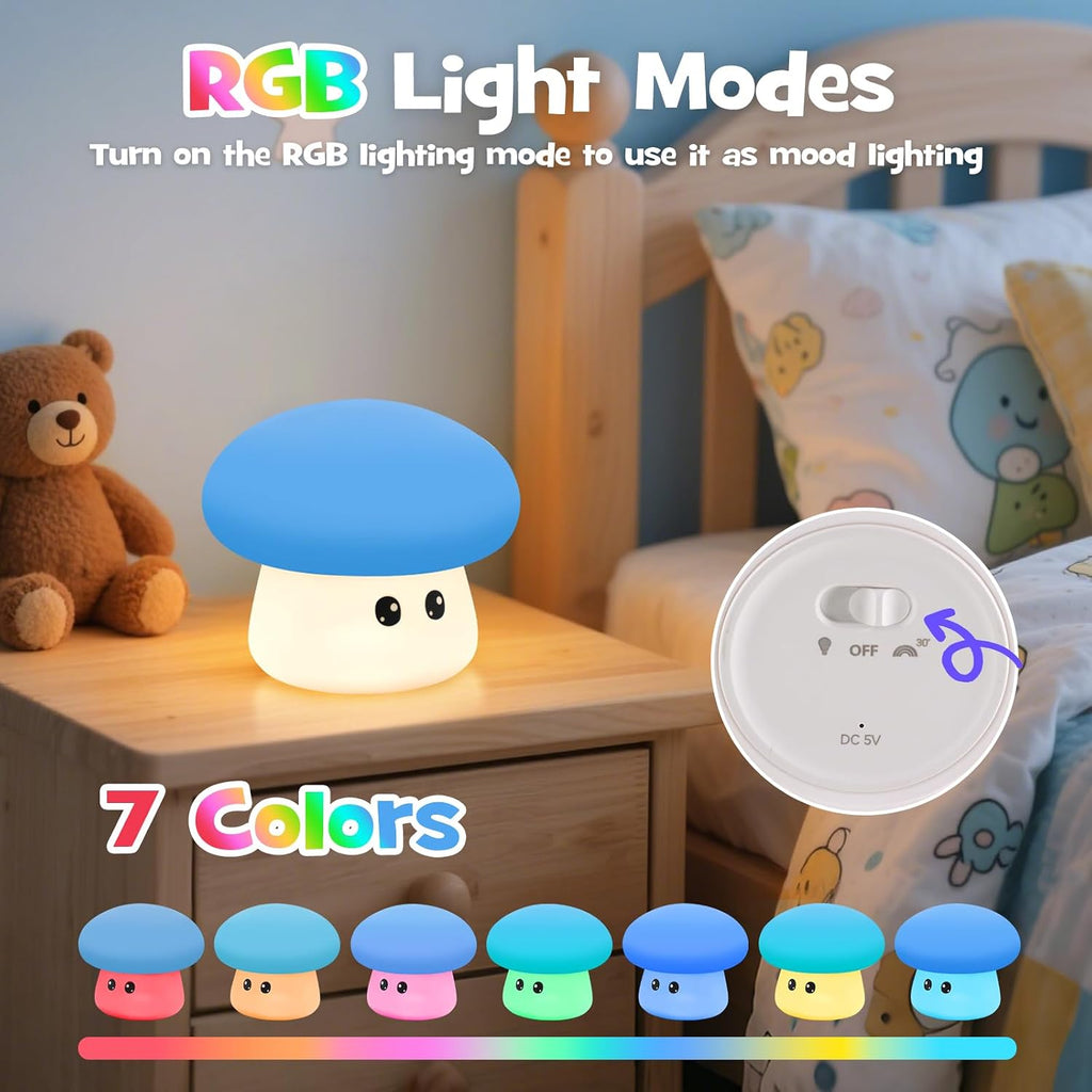 Squishy Big Eyes Mushroom Night Light with RGB Mode 3 Brightness Adjustable Nursery Breastfeeding Nightlight Cute LED Blue Mushroom Lamp…