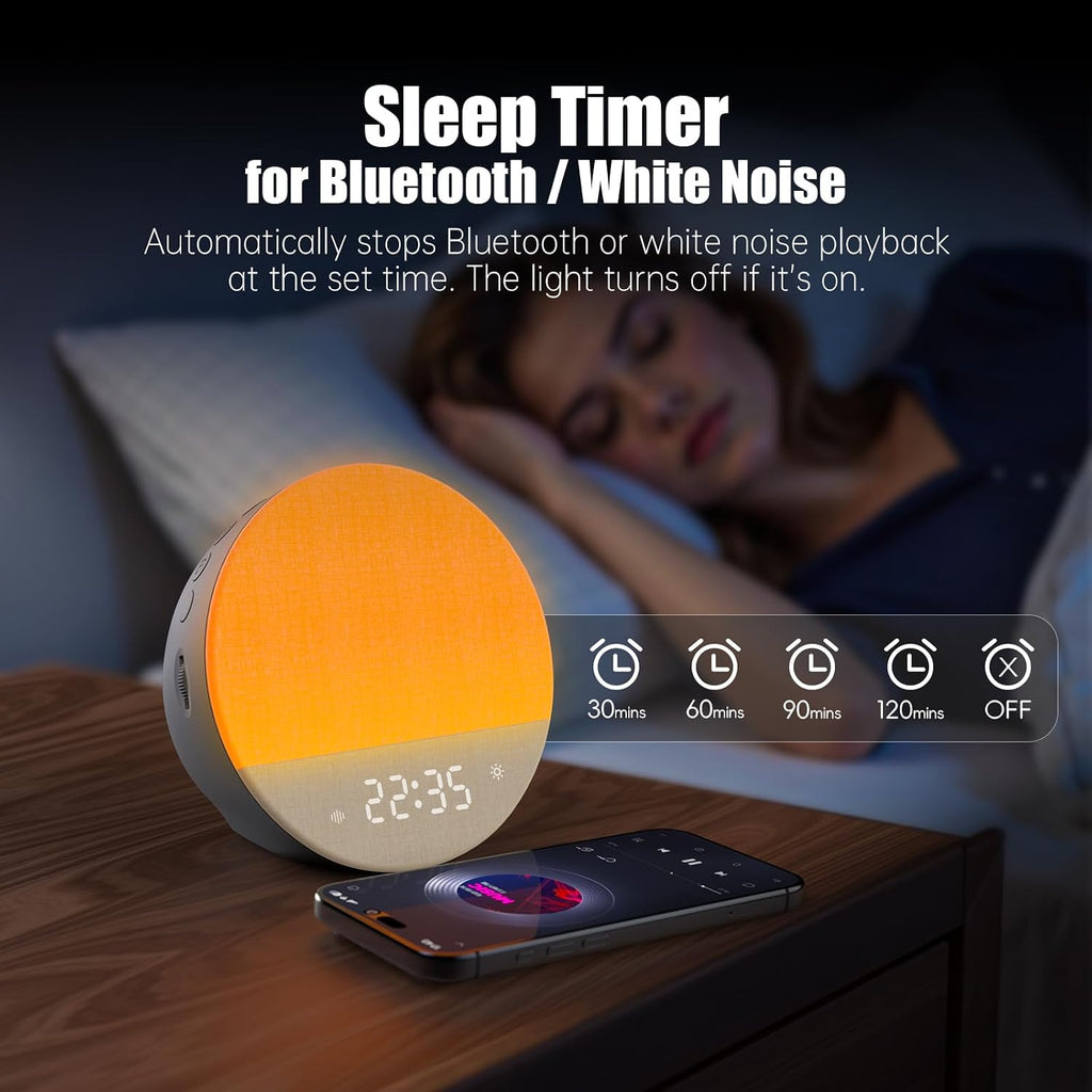 Alarm Clock Sound Machine Sleeping, Sunrise Digital Alarm Clocks Bedrooms, Loud Bluetooth Speaker Alarms Clock 23 White Noise Dual Alarms…