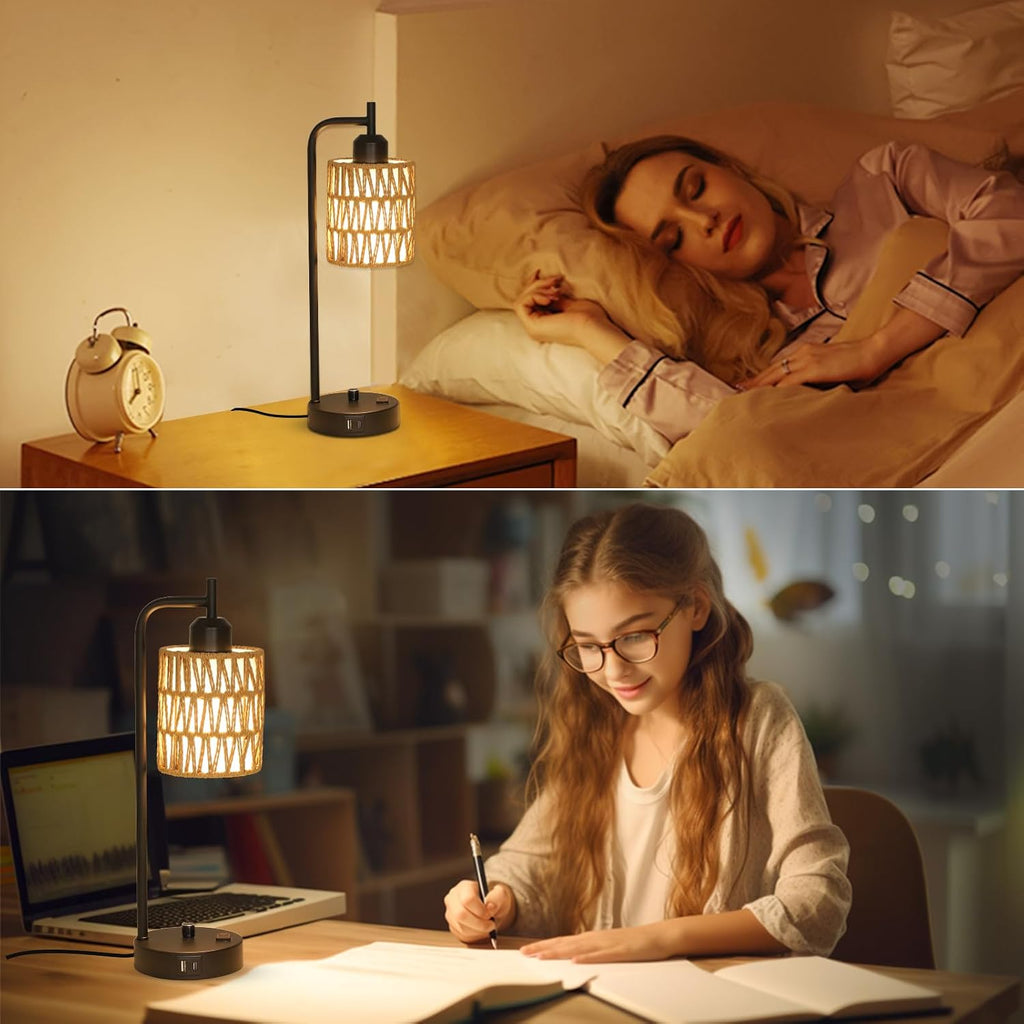 Rattan Table Lamps for Living Room Set of 2, Boho Bedside Lamps with LED Bulbs, USB Charging Ports and Outlet, Farmhouse Nightstand Lamp…