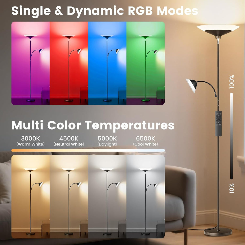 SIBRILLE RGB Torchiere Floor Lamp - 2 Way Dimmable LED Standing Lamp with Remote&Button Control, 34W Rotatable Floor Reading Light, 72''…