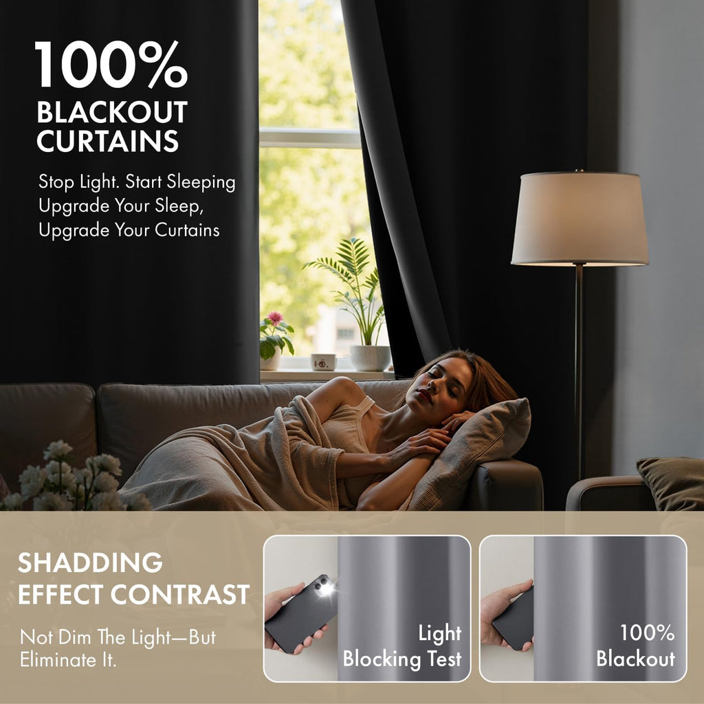 Miulee Light Grey 100% Blackout Curtains for Bedroom 96 Inch Long, 2 Layers Thermal Insulated Black Out Window Curtains with Black Liner, N…