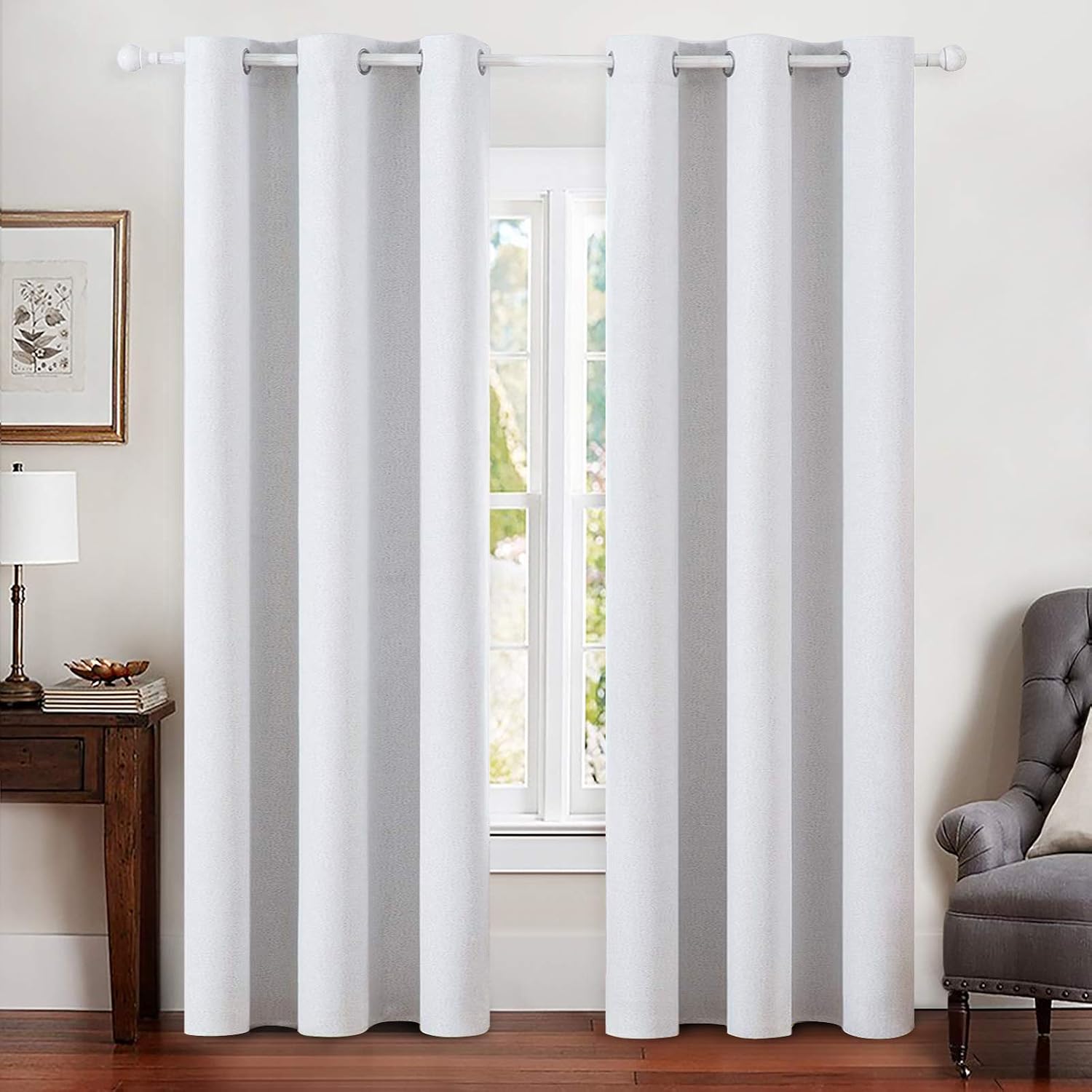 Miulee Linen Blackout Curtains for Bedroom Solid 100% Blackout Thermal Insulated Grayish White Curtains Grommet Room Darkening Curtains/Dra…