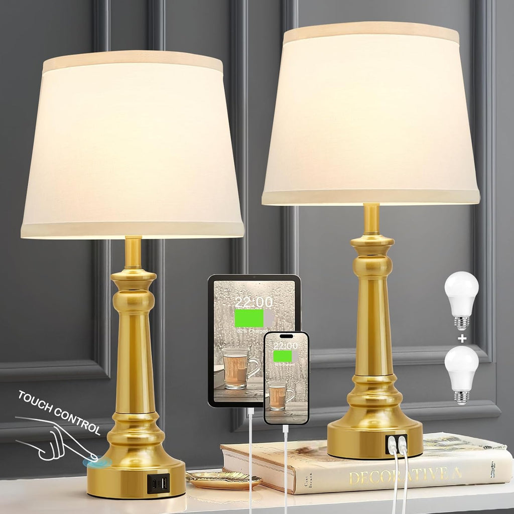 EJIAXIN Touch Lamps for Nightstand Set of 2 - Gold Table Lamp for Bedroom Dimmable Bedside Lamps with USB C+A Ports - Lamps for Night…