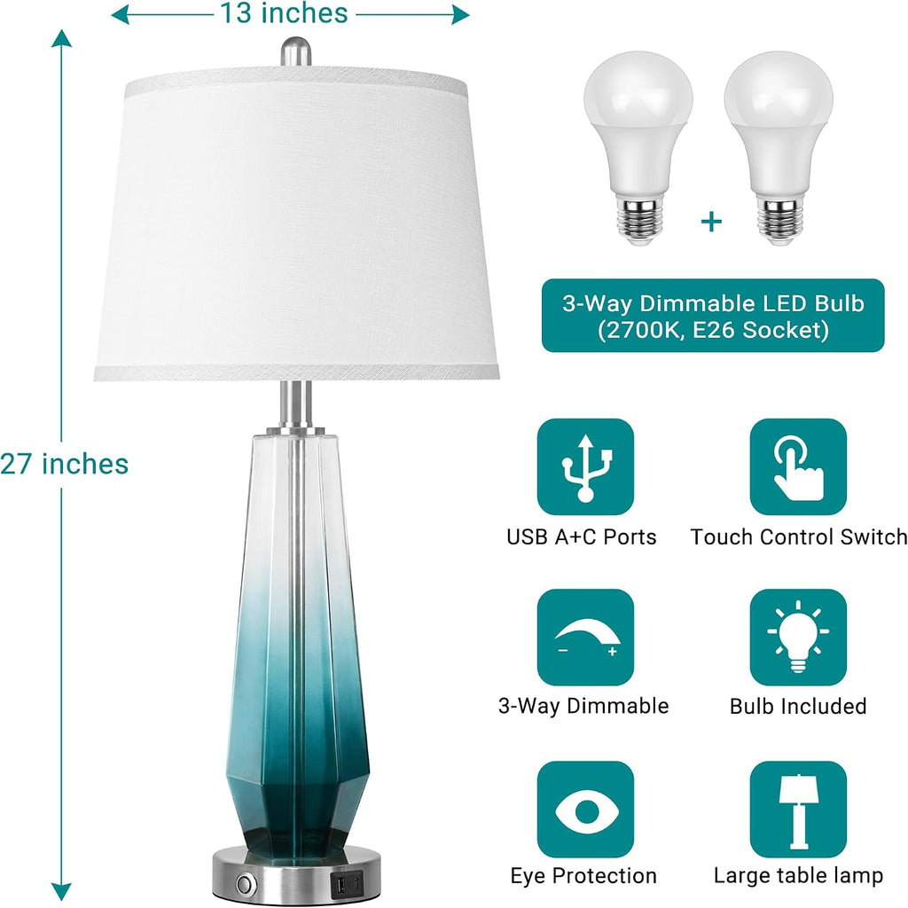 QiMH Glass Table lamps for living room, Modern Bedside Lamps for Bedrooms,27.5" Tall Nightstand Lamps Set of 2 with 3-Way Dimmable Touch…