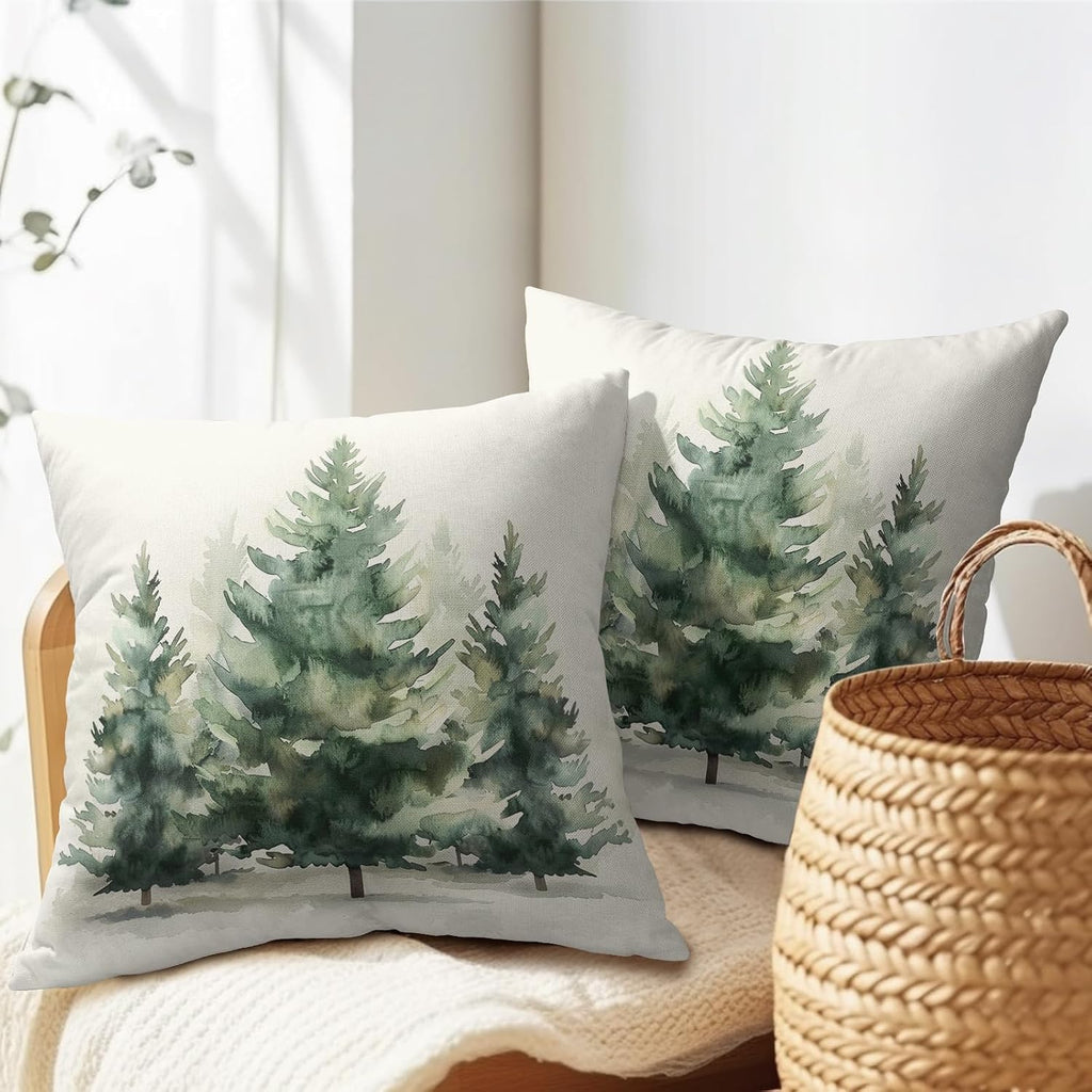 Granbey Watercolor Green Tree Throw Pillow Covers 22x22 Inch Set of 2 Green Christmas Tree Decorative Pillowcase Winter Nature Trees Holida…