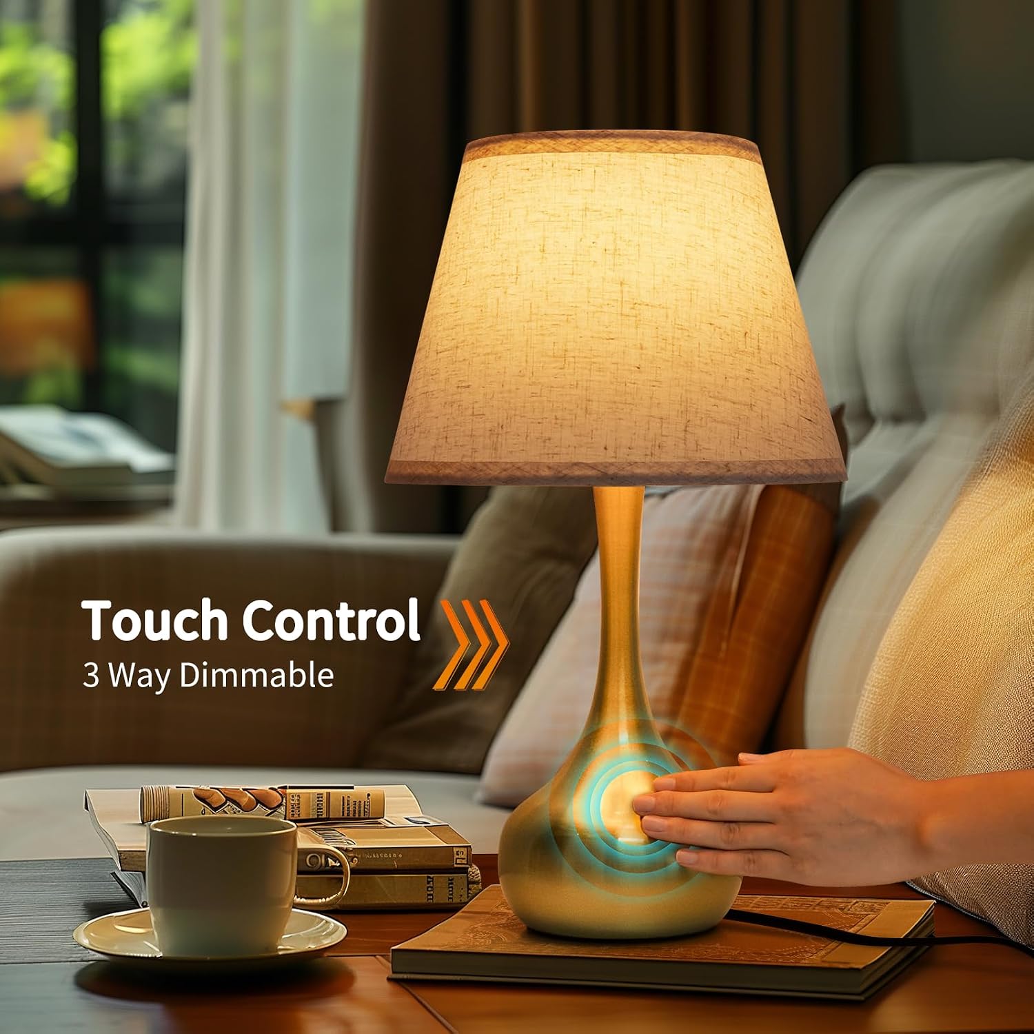 ONEWISH Touch Table Lamp Set of 2, Farmhouse 3-Way Dimmable Bedside Lamps for Nightstand with Fabric Shade, Desk Lamp for Reading…
