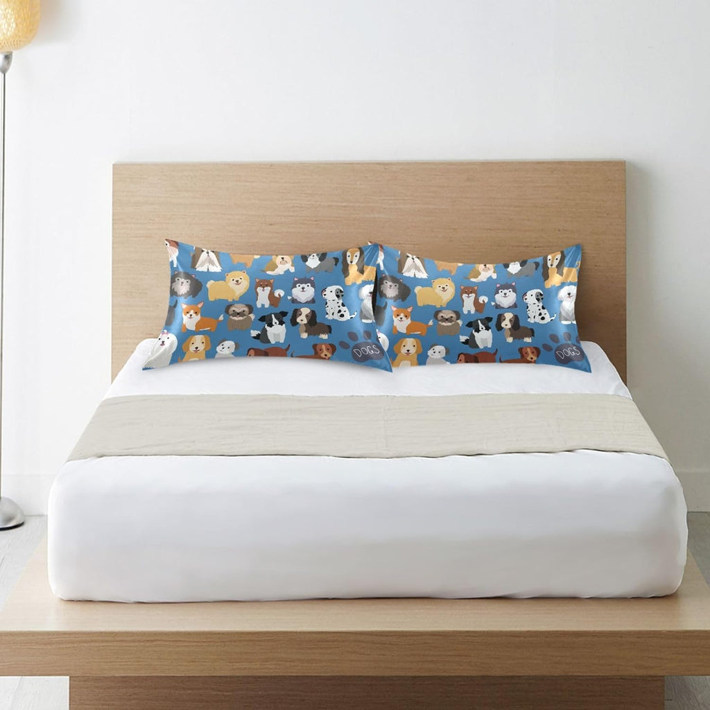 Dogs Cute Blue Print Pillow Covers Silk Pillowcase for Hair and Skin Soft Breathable Smooth Cooling Satin Pillowcase King Size Pillow…