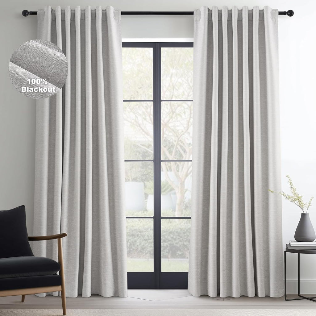Topfinel Extra Long Total Blackout Grey Linen Curtains 108 Inches Long for Living Room Large Window with Hooks, Room Darkening Textured Col…