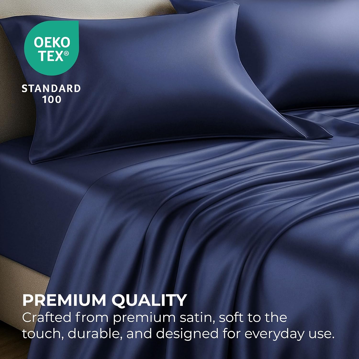 PureBedding Satin Sheets California King [4-Piece, Midnight Blue] Hotel Luxury Silky Bed Sheets - Soft Microfiber Sheet Set, Wrinkle, Fade,…