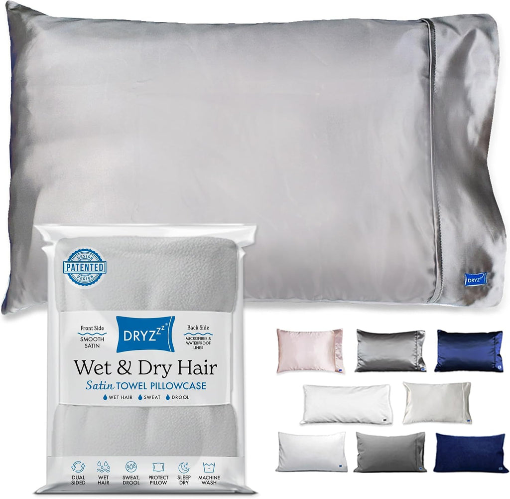DryZzz Waterproof Pillow Protector Cooling Pillow Case 29"x19" 1pc Silver Standard Size, Absorbent Towel Pillowcase Dual-Sided Satin & Micr…