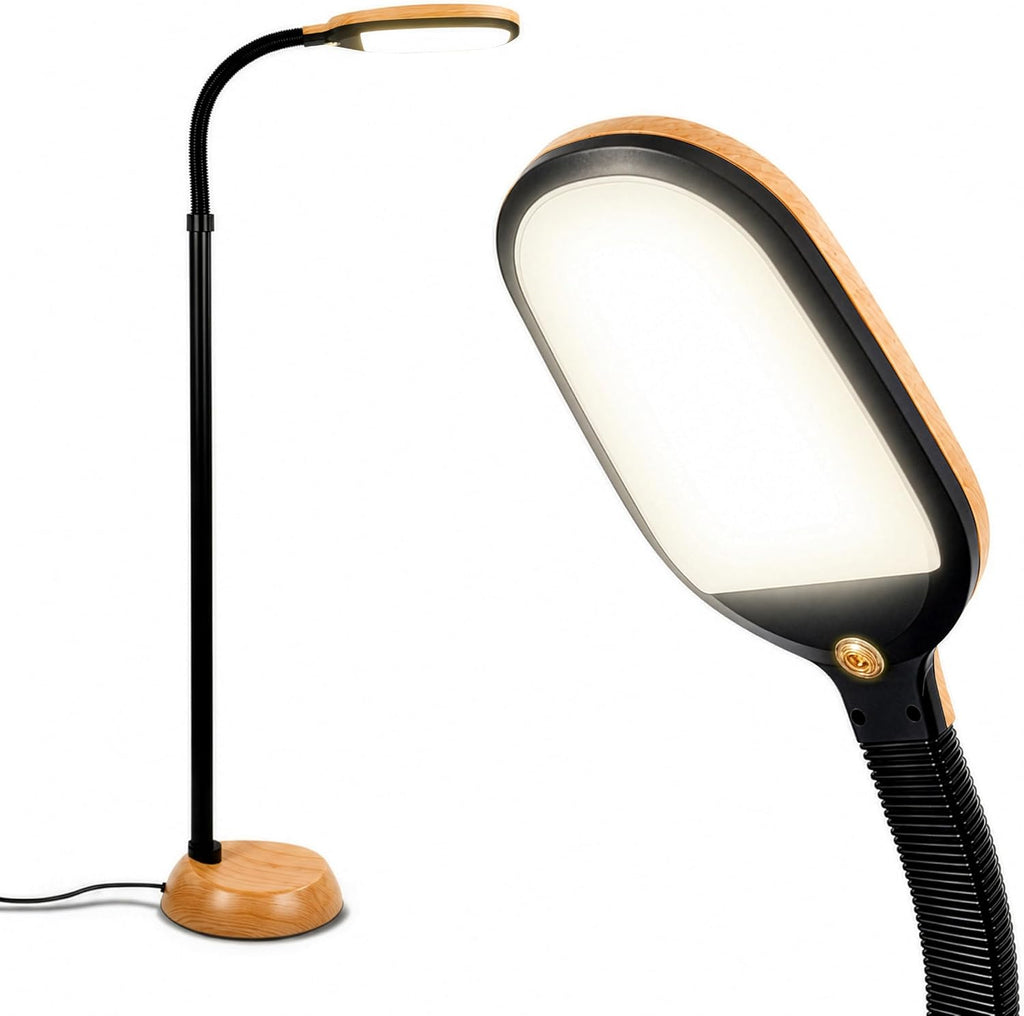 Brightech Litespan - LED Floor Reading Lamp, Modern Wooden Style, Adjustable Gooseneck, 850-950 Lumens, 12W, 3-Year Warranty Wood