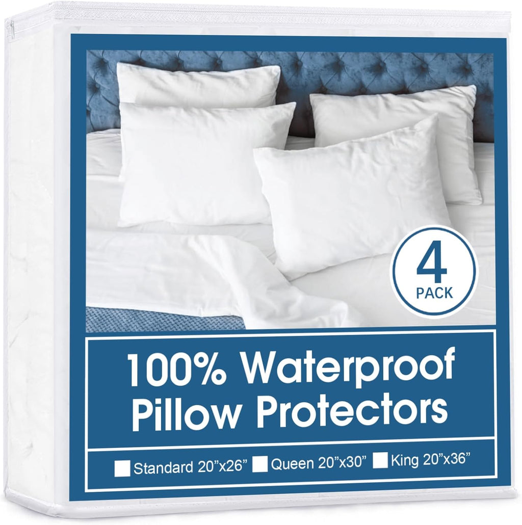4 Pack Pillow Protectors with Zipper Queen Size Breathable & Noiseless Pillow Protector 100% Waterproof Pillow Cases 20''×30'' White…