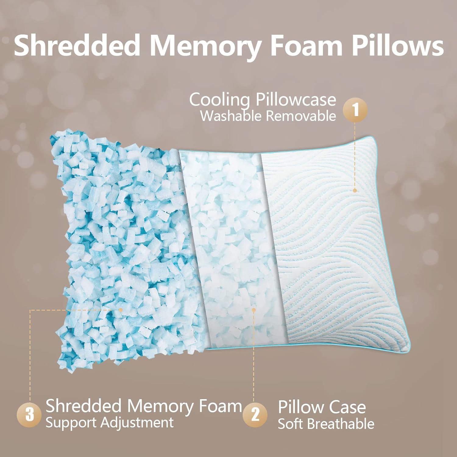Pillows Standard Size Set of 2 Cooling Memory Foam Pillows for Sleeping Adjustable Medium Firm Back and Side Sleeper